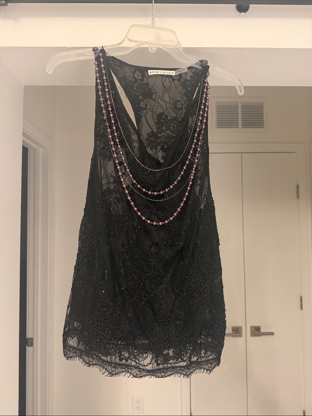 Alice + Olivia Black Lace Racerback Tank with Pewter Beaded Chains